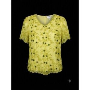 VTG Roaman's Women 16W Chartreuse Green 100% Silk Beaded Floral Short Sleeve Top